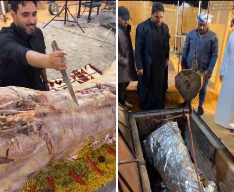استخدموا ونش لإخراجه … شاهد: شباب سعوديون يطبخون عجل داخل حفرة مندي في مخيم
